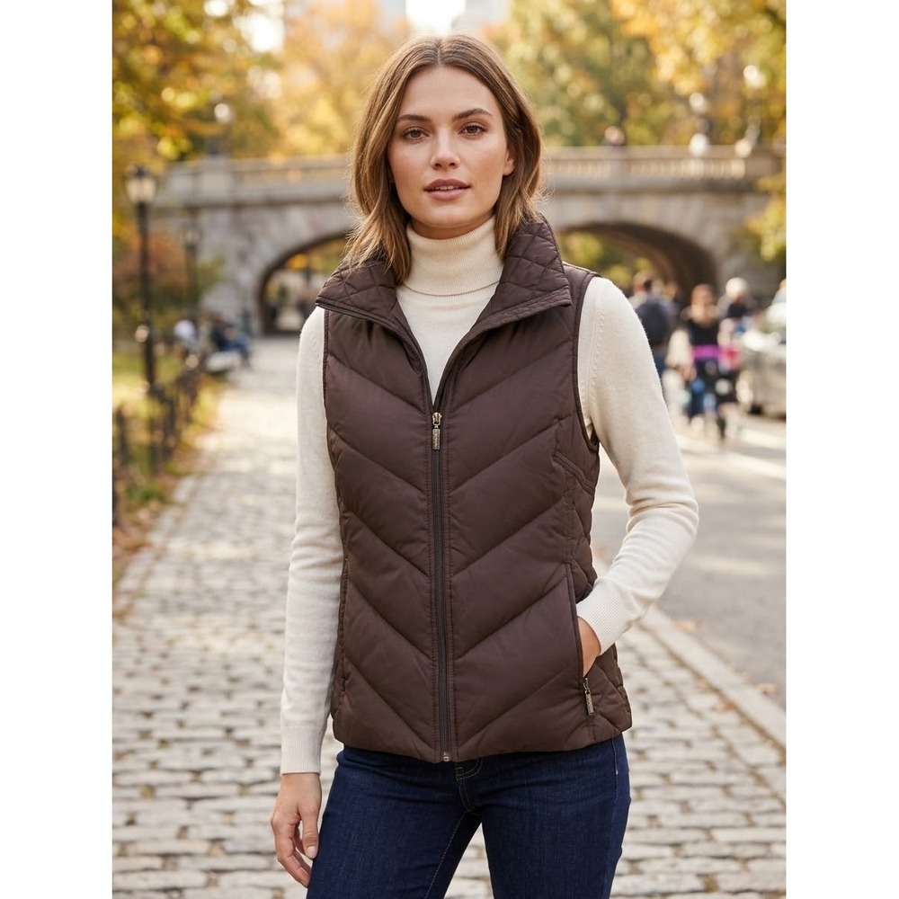 Kenneth Cole Reaction Brown Down Puffer Vest Chevron Quilted Small 17SNO8039